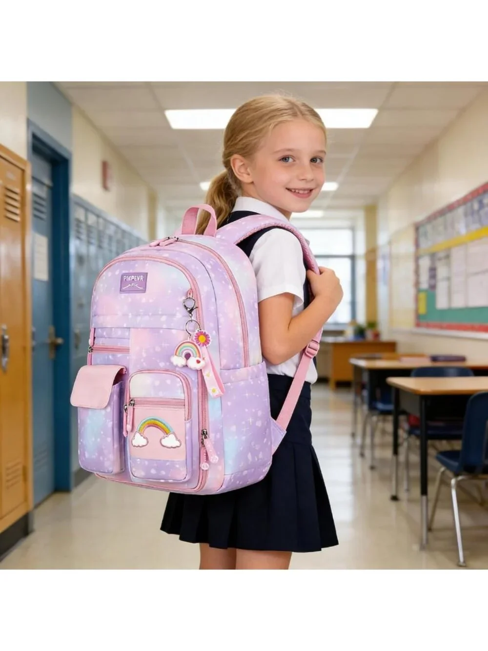 Cute Large Capacity Girls Backpack - Starry Rainbow Design, Fashion Casual